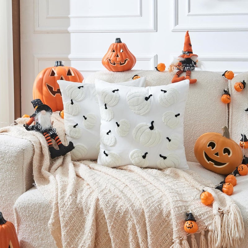 Seoenlin Halloween Pillow Covers 18x18 inch Set of 2 White Throw Pillow Cases Soft Plush Cushion Case for Chair Sofa Bedroom Living Room Home Decor (White Pumpkin) - Image 5